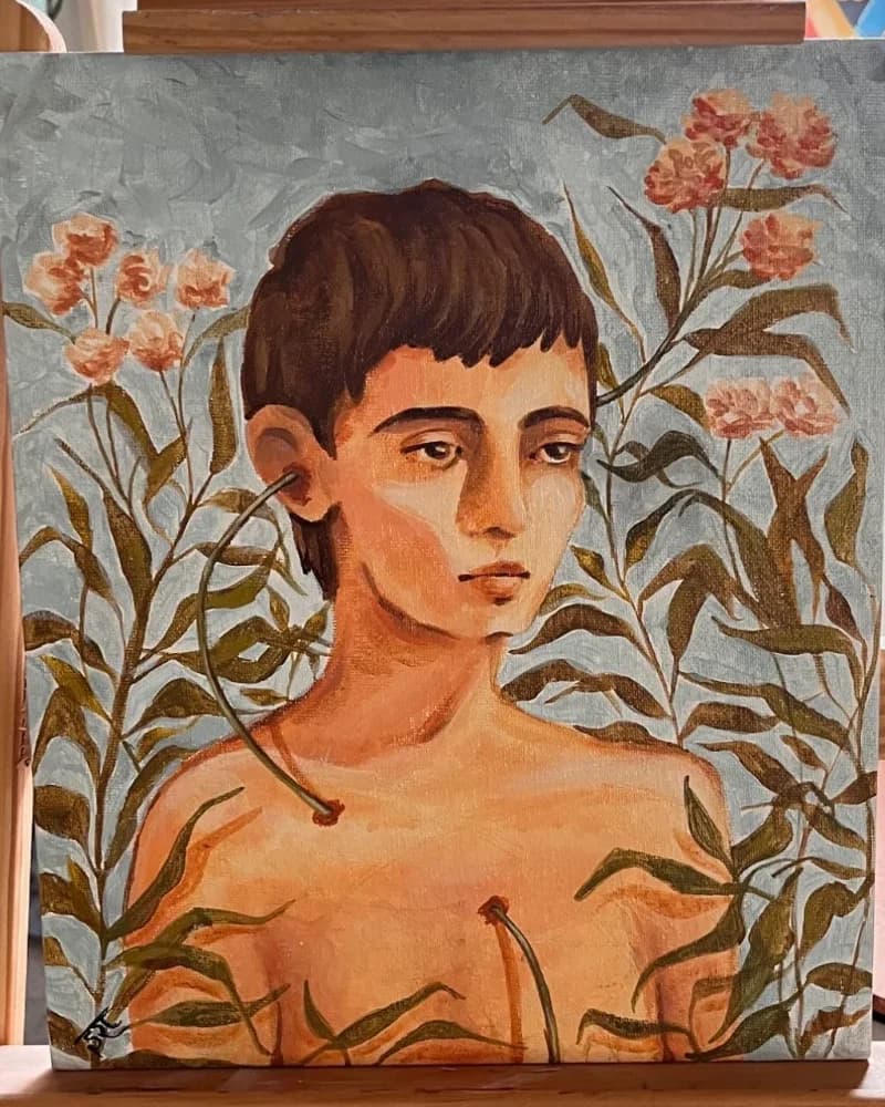 Ira's acrylic portrait of a boy among oleander flowers