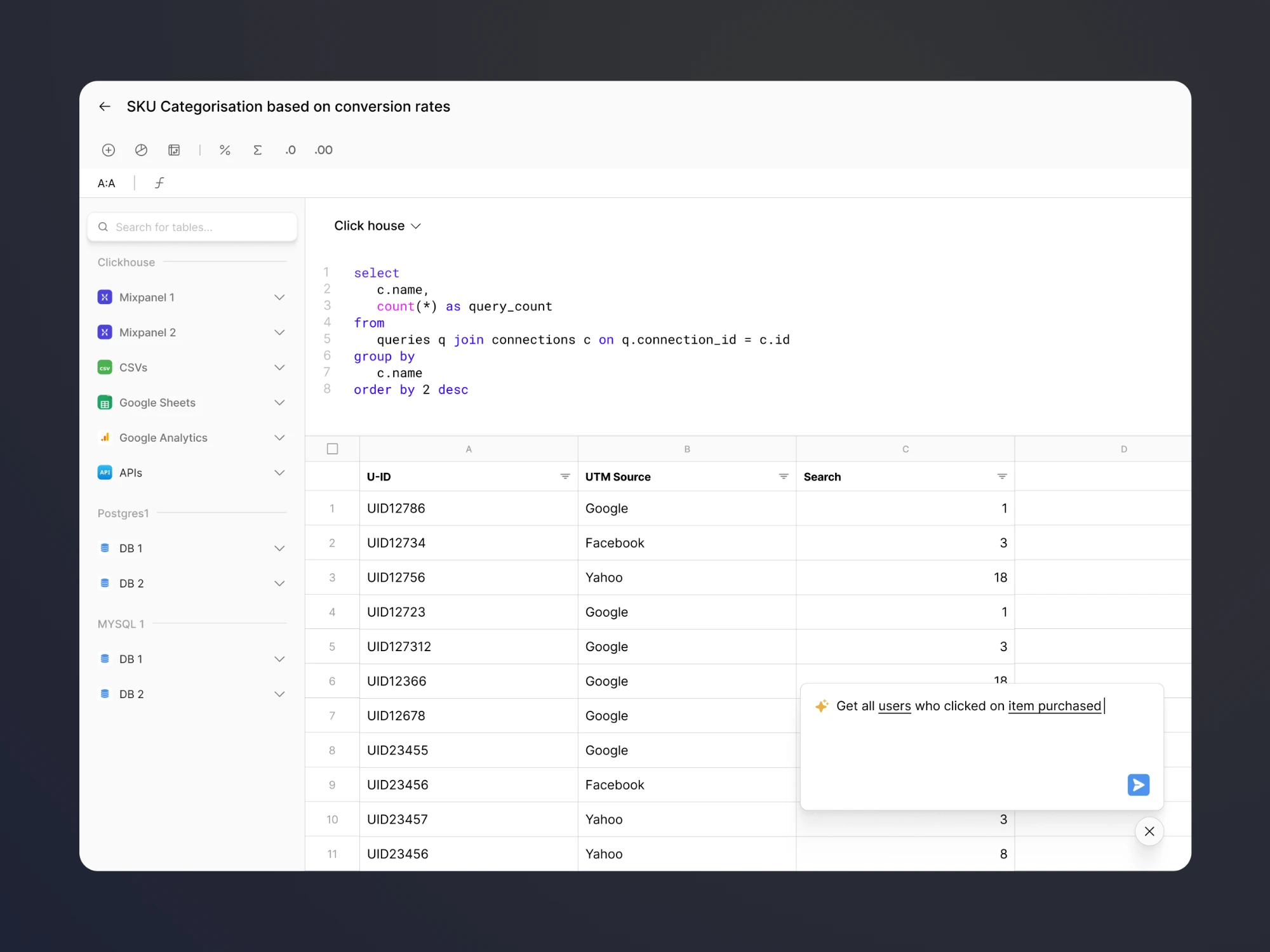 Apperture spreadsheet-style data query interface
